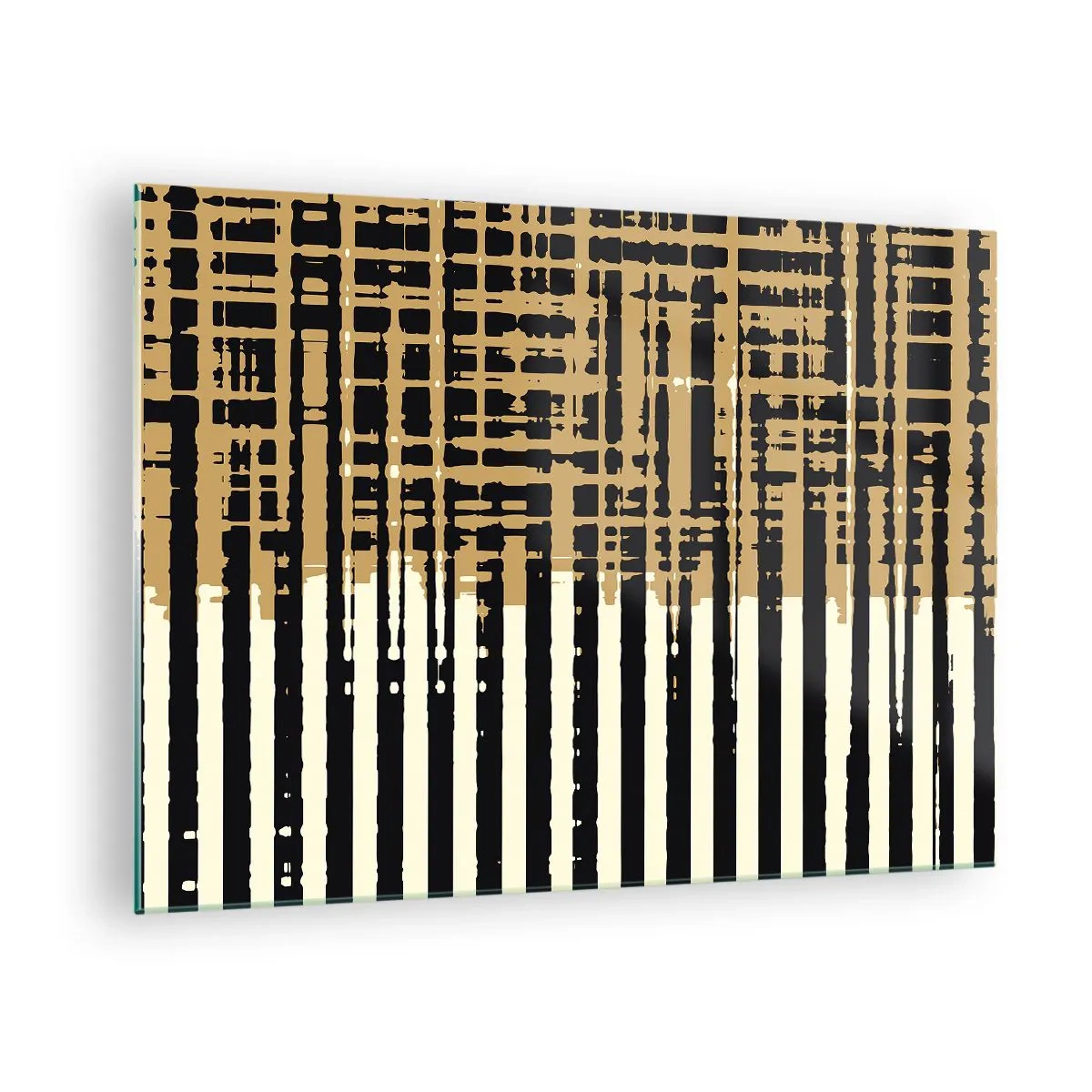 Glasbild - Bild auf glas - Geometrische Streifen und Linien in Schwarz- und Goldtönen - 70x50cm - Architektonische Abstraktion - Moderne Wanddekoration für Wohnzimmer und Schlafzimmer ARTTOR