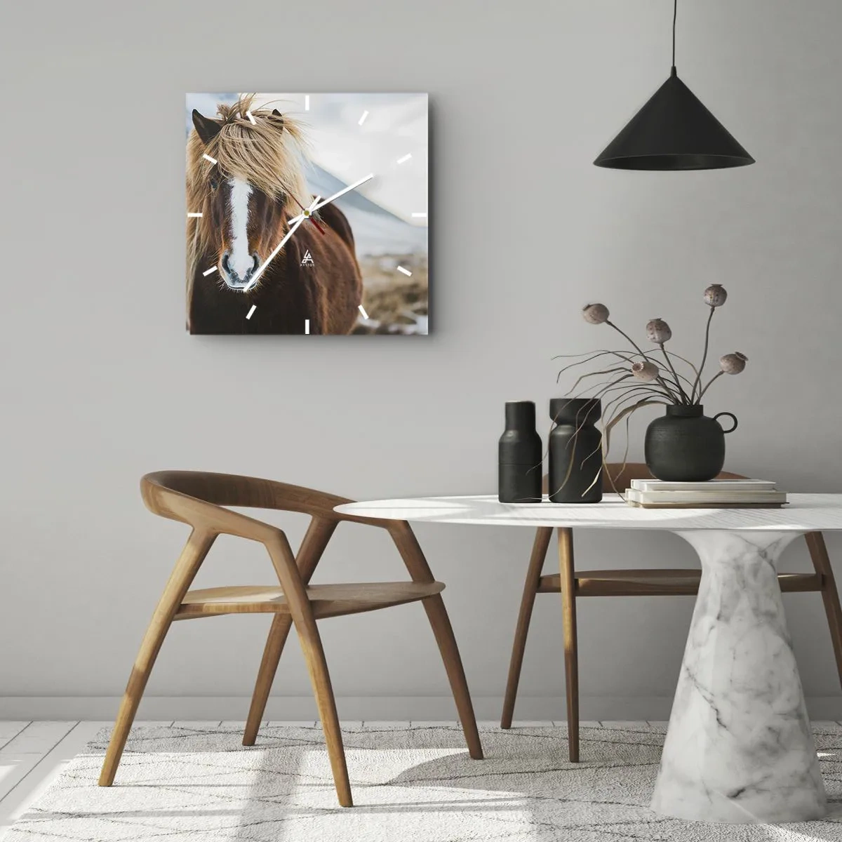Wanduhr - Glasuhr - Islandpferd vor einer Berglandschaft - 30x30cm - Spürst du die Freiheit? - Moderne Wanddekoration für Wohnzimmer und Schlafzimmer ARTTOR