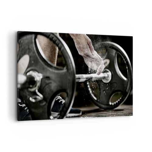 Bild auf Leinwand - Leinwandbild - Hanteln und die Hände eines Sportlers bereiten sich auf das Training vor - 120x80cm - Herausforderung angenommen! - Moderne Wanddekoration für Wohnzimmer und Schlafzimmer ARTTOR