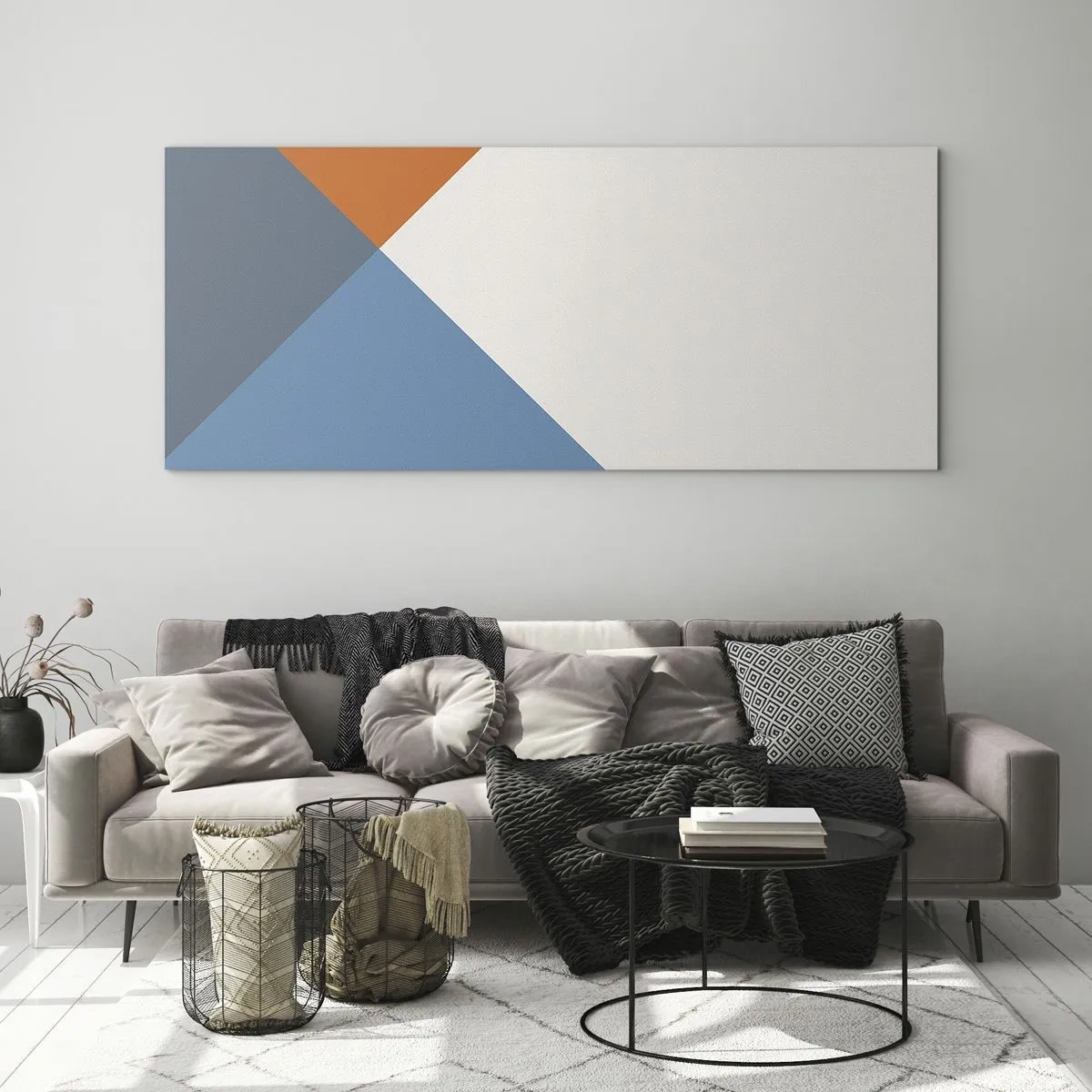 Glasbild - Bild auf glas - Geometrische Dreiecke in Blau- und Orangetönen - 140x50cm - In einem Winkel… - Moderne Wanddekoration für Wohnzimmer und Schlafzimmer ARTTOR