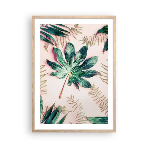 Poster in einem Rahmen aus heller Eiche - Eine Studie von Grün auf einem rosa Hintergrund - 50x70 cm