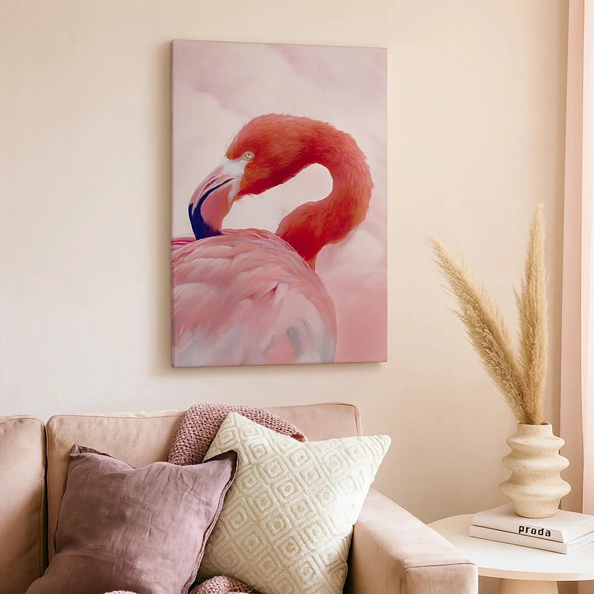 Bild auf Leinwand - Leinwandbild - Ein Flamingo in Rosatönen auf hellem Hintergrund - 50x70cm - Vogel Schönheit - Moderne Wanddekoration für Wohnzimmer und Schlafzimmer ARTTOR