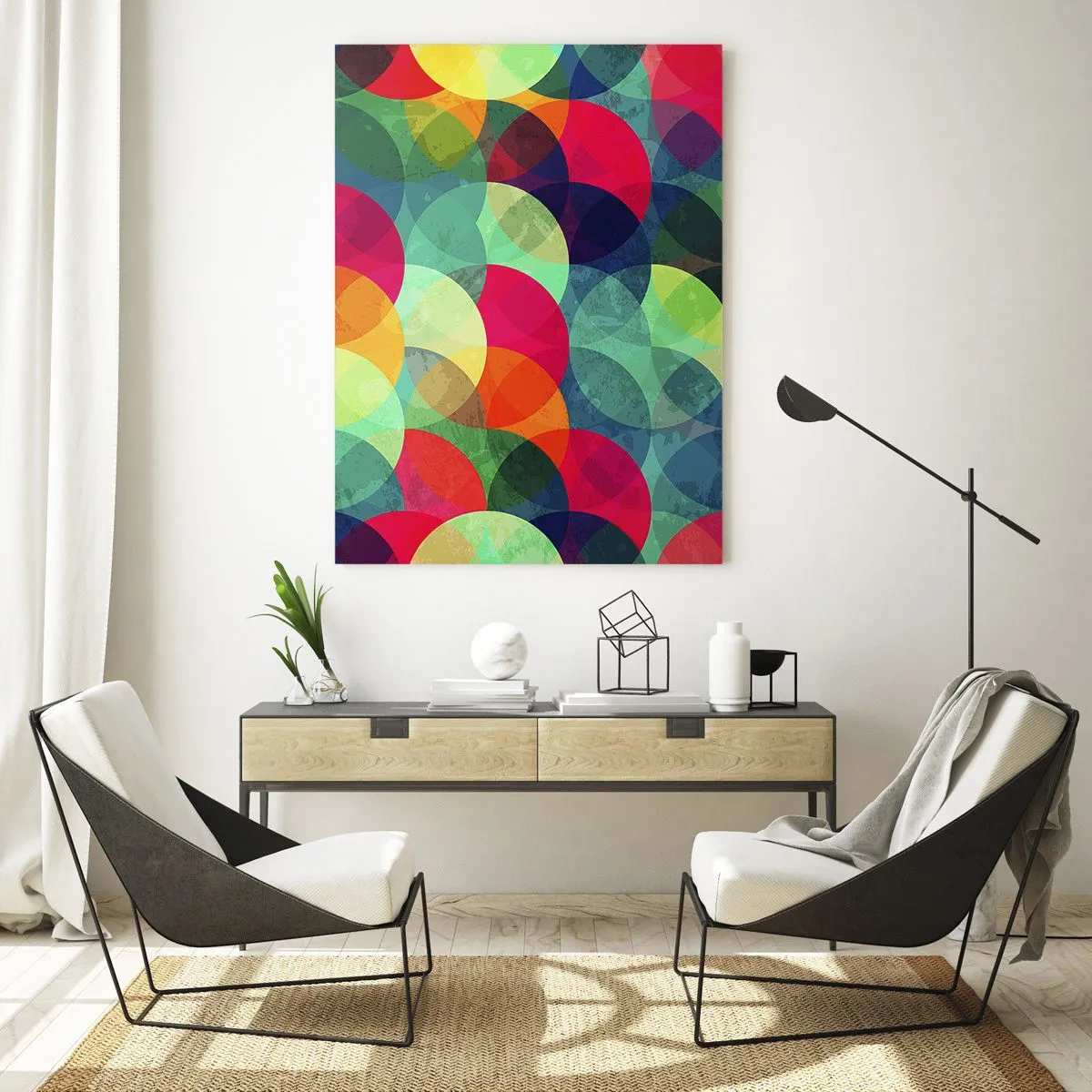 Glasbild - Bild auf glas - Bunte geometrische Muster aus Kreisen und Halbkreisen - 70x100cm - Aufstieg zum Regenbogen - Moderne Wanddekoration für Wohnzimmer und Schlafzimmer ARTTOR