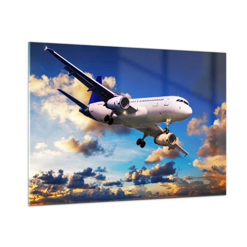 Glasbild - Bild auf glas - Ein Flugzeug im Flug vor einem malerischen Himmel - 100x70cm - Eine Reise in Weiß und Blau - Moderne Wanddekoration für Wohnzimmer und Schlafzimmer ARTTOR