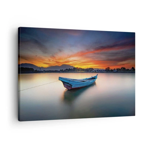 Bild auf Leinwand - Leinwandbild - Ein Boot auf dem Wasser während eines malerischen Sonnenuntergangs - 70x50cm - Eine gute Nacht kommt - Moderne Wanddekoration für Wohnzimmer und Schlafzimmer ARTTOR