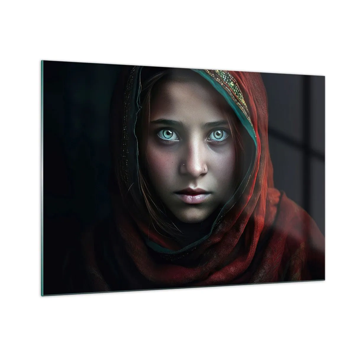 Glasbild - Bild auf glas - Porträt einer Frau mit rotem Schal vor dunklem Hintergrund - 100x70cm - Prinzessin aus dem Osten - Moderne Wanddekoration für Wohnzimmer und Schlafzimmer ARTTOR