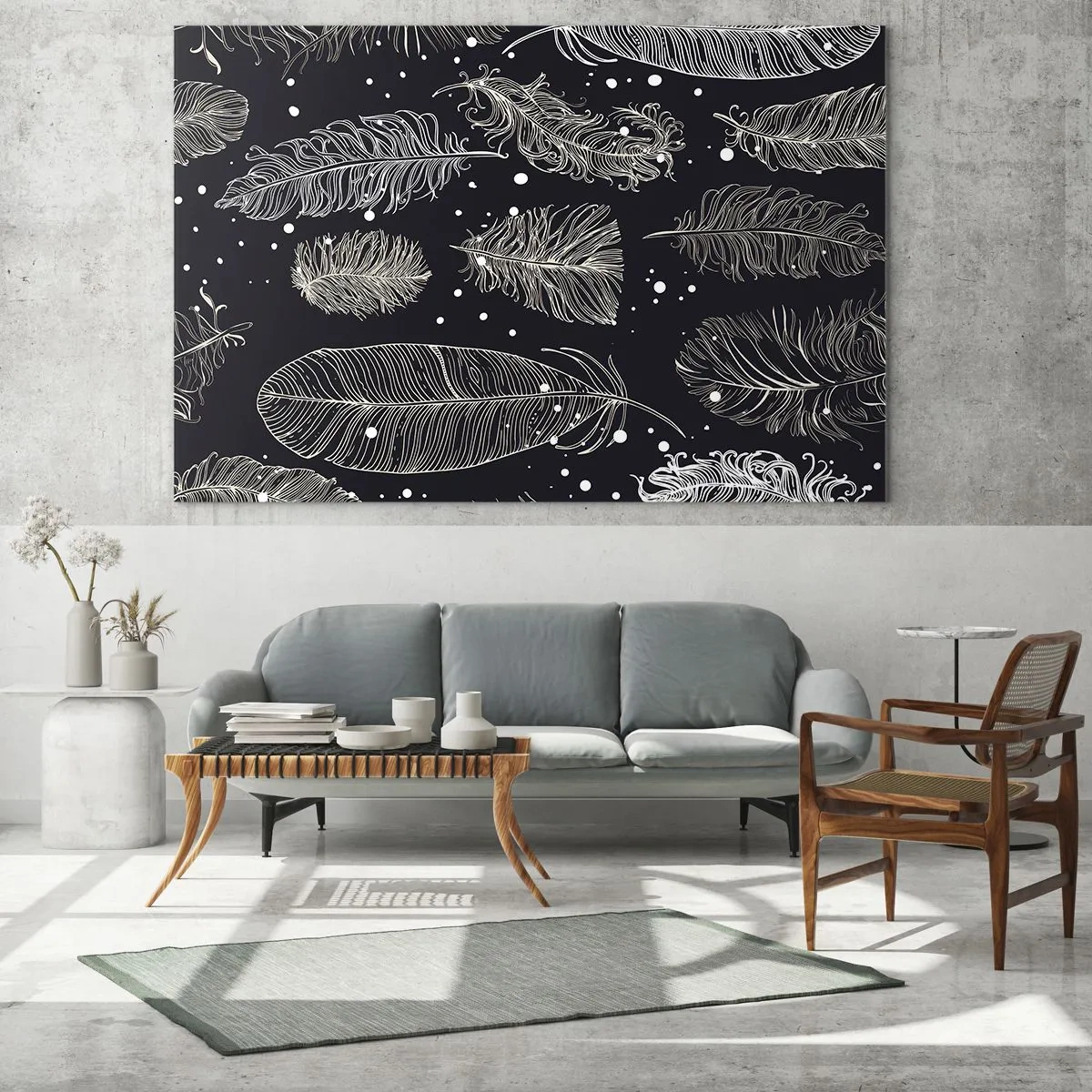 Glasbild - Bild auf glas - Weiße Federn auf schwarzem Hintergrund mit subtilen Details - 70x50cm - Gefiederte Spitze - Moderne Wanddekoration für Wohnzimmer und Schlafzimmer ARTTOR