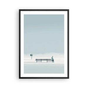 Poster in einem schwarzem Rahmen - Eine Person, die in einer minimalistischen, friedlichen Landschaft auf einer Bank sitzt. - 50x70cm - Ja, ich warte. - Moderne Wanddekoration für Wohnzimmer und Schlafzimmer ARTTOR