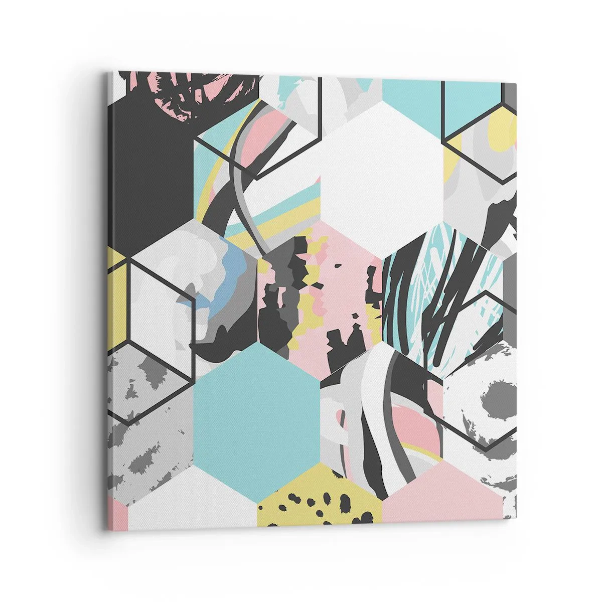 Bild auf Leinwand - Leinwandbild - Sechsecke und Würfel in sechs Farben - 70x70 cm