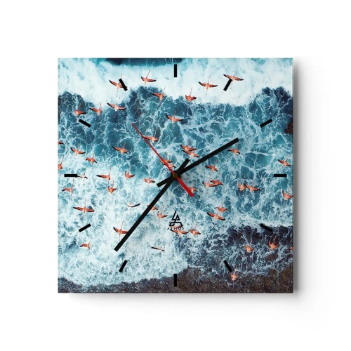 Wanduhr - Glasuhr - Eine Vogelperspektive auf rosa Flamingos über einem blauen Ozean - 30x30cm - Die Küstenparade - Moderne Wanddekoration für Wohnzimmer und Schlafzimmer ARTTOR