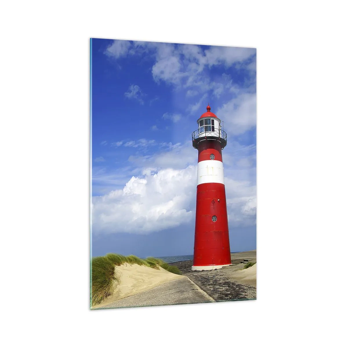 Glasbild - Bild auf glas - Roter Leuchtturm am Strand unter blauem Himmel - 70x100cm - Traum Einsamkeit - Moderne Wanddekoration für Wohnzimmer und Schlafzimmer ARTTOR
