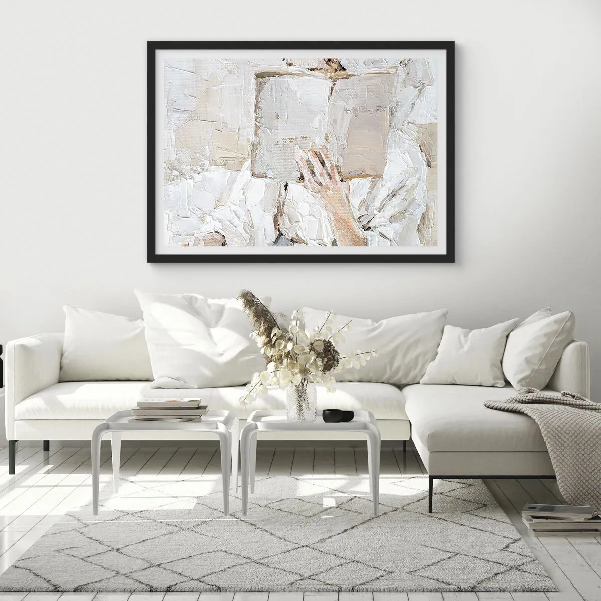 Poster in einem schwarzem Rahmen - Ein impressionistisches Gemälde einer Hand, die ein offenes Buch hält. - 70x50cm - In einer anderen Welt - Moderne Wanddekoration für Wohnzimmer und Schlafzimmer ARTTOR