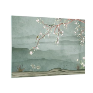 Glasbild - Bild auf glas - Ein Zweig mit Blumen und Vögeln vor dem Hintergrund grüner Hügel - 70x50cm - Frühling, oh, du bist es - Moderne Wanddekoration für Wohnzimmer und Schlafzimmer ARTTOR