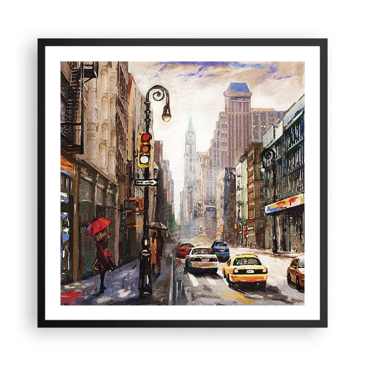 Poster in einem schwarzem Rahmen - New York - auch im Regen bunt - 60x60 cm