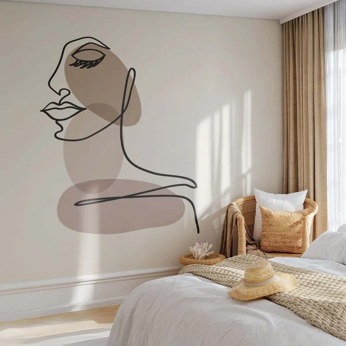 Fototapete Premium Sand - Ein minimalistisches Frauenporträt in Beige- und Brauntönen. - 100x70cm - Sich selbst zugehört - Moderne Wanddekoration für Wohnzimmer und Schlafzimmer ARTTOR