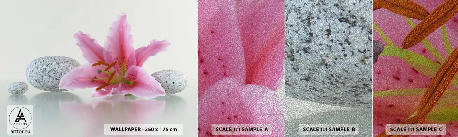 Fototapeten Muster Premium Sand - Eine Studie in Pink, Grau und Weiß - Blumen, Lilie, Steine - 100x30 cm