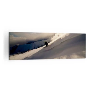 Bild auf Leinwand - Leinwandbild - Ein Skifahrer auf einer Piste, umgeben von Bergen und Schnee - 160x50cm - Bergherausforderung angenommen - Moderne Wanddekoration für Wohnzimmer und Schlafzimmer ARTTOR