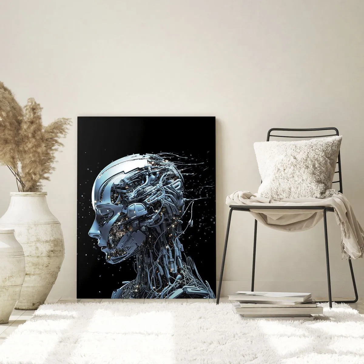 Glasbild - Bild auf glas - Futuristisches Porträt eines Cyborgs im Industriestil auf schwarzem Hintergrund. - 80x120cm - Technologie ist eine Frau - Moderne Wanddekoration für Wohnzimmer und Schlafzimmer ARTTOR