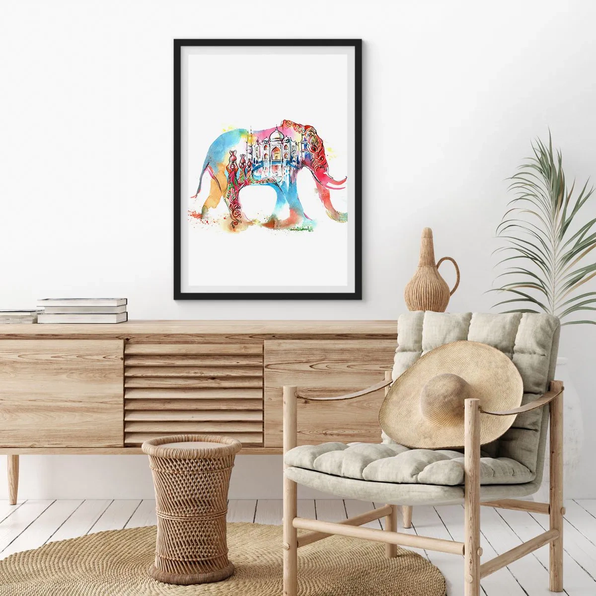 Poster in einem schwarzem Rahmen - Bunter Elefant mit indischen Motiven und dem Taj Mahal - 50x70cm - Indien – die Aura der Liebe - Moderne Wanddekoration für Wohnzimmer und Schlafzimmer ARTTOR