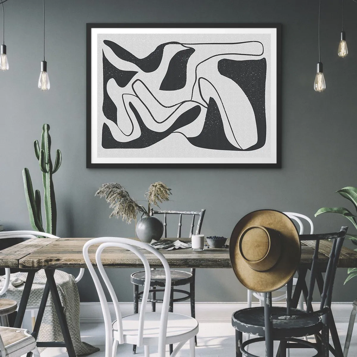Poster in einem schwarzem Rahmen - Schwarz-Weiß-Abstraktion mit organischen Formen - 70x50cm - Abstraktes Spiel im Labyrinth - Moderne Wanddekoration für Wohnzimmer und Schlafzimmer ARTTOR
