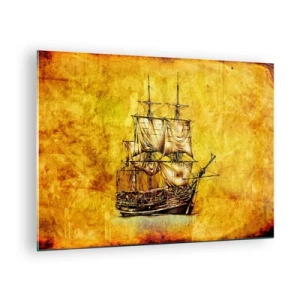Glasbild - Bild auf glas - Ein historisches Segelschiff vor dem Hintergrund stilisierten Pergaments - 70x50cm - Richtung Tortuga! - Moderne Wanddekoration für Wohnzimmer und Schlafzimmer ARTTOR