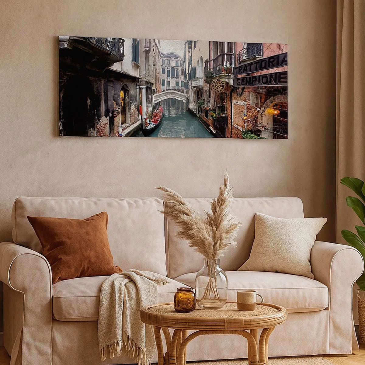 Bild auf Leinwand - Leinwandbild - Venezianische Landschaft mit Gondel und Brücke - 100x40 cm