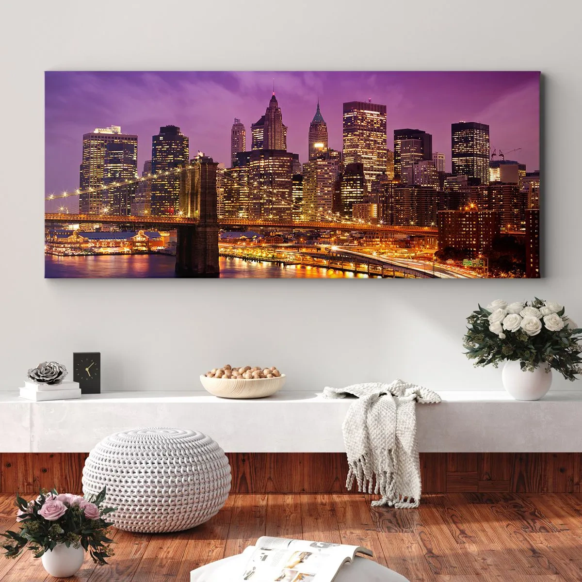 Bild auf Leinwand - Leinwandbild - Violett-goldenes Manhathann - 90x30 cm