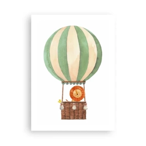 Poster - Eine schöne Aquarellillustration eines Löwen, der in einem Heißluftballon auf weißem Hintergrund reist. - 50x70cm - Leons Reisen - Moderne Wanddekoration für Wohnzimmer und Schlafzimmer ARTTOR
