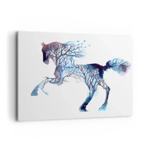 Bild auf Leinwand - Leinwandbild - Künstlerische Pferdegrafik mit Baum- und Vogelmotiven - 100x70cm - Und als wäre der Wald umgezogen - Moderne Wanddekoration für Wohnzimmer und Schlafzimmer ARTTOR
