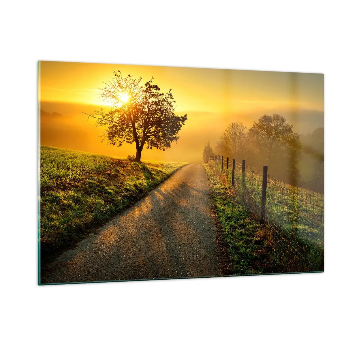 Glasbild - Bild auf glas - Eine Straße durch eine ländliche Landschaft bei Sonnenuntergang - 120x80cm - Honig-Nachmittag - Moderne Wanddekoration für Wohnzimmer und Schlafzimmer ARTTOR