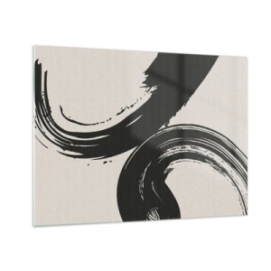 Glasbild - Bild auf glas - Schwarze, dynamische kalligrafische Pinselstriche auf hellem Hintergrund. - 70x50cm - Ausladend und kreisförmig - Moderne Wanddekoration für Wohnzimmer und Schlafzimmer ARTTOR