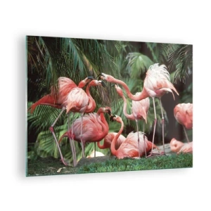 Glasbild - Bild auf glas - Flamingos inmitten tropischer Vegetation in leuchtenden Farben - 70x50cm - Nachmittagsklatsch - Moderne Wanddekoration für Wohnzimmer und Schlafzimmer ARTTOR