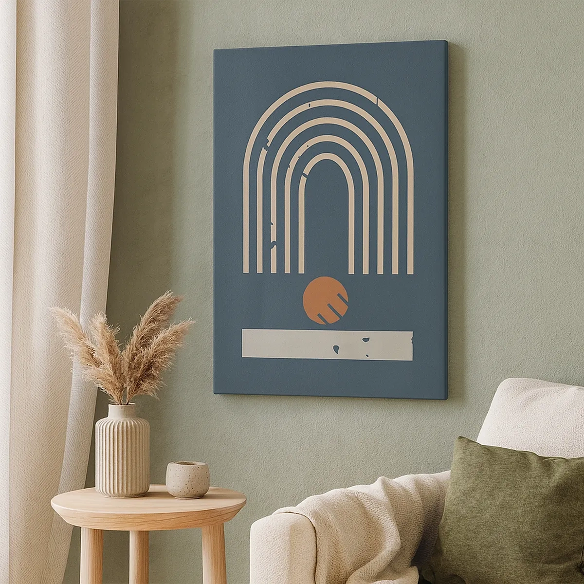 Bild auf Leinwand - Leinwandbild - Geometrisches Muster in Marineblau-, Beige- und Orangetönen auf dunklem Hintergrund - 50x70cm - Geometrie auf dem Granatapfel - Moderne Wanddekoration für Wohnzimmer und Schlafzimmer ARTTOR