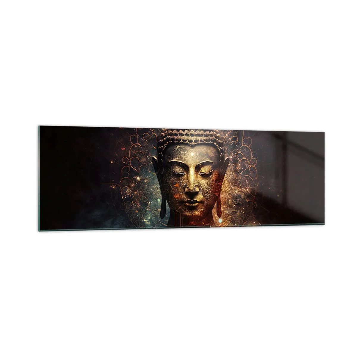 Glasbild - Bild auf glas - Goldener Buddha auf dunklem Hintergrund mit Ornamenten - 160x50cm - Spirituelles Gleichgewicht - Moderne Wanddekoration für Wohnzimmer und Schlafzimmer ARTTOR