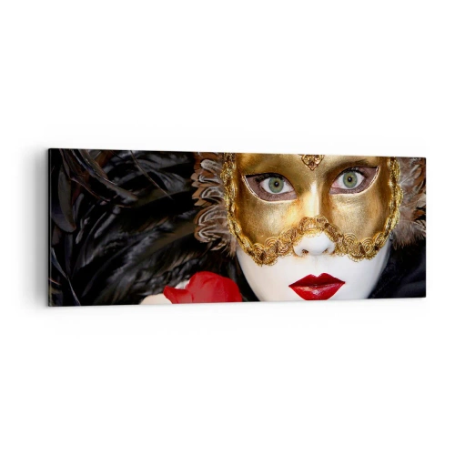 Bild auf Leinwand - Leinwandbild - Goldene venezianische Maske mit Federn und einer roten Rose, geheimnisvolles Motiv. - 140x50cm - Denn das Leben ist ein großer Ball - Moderne Wanddekoration für Wohnzimmer und Schlafzimmer ARTTOR