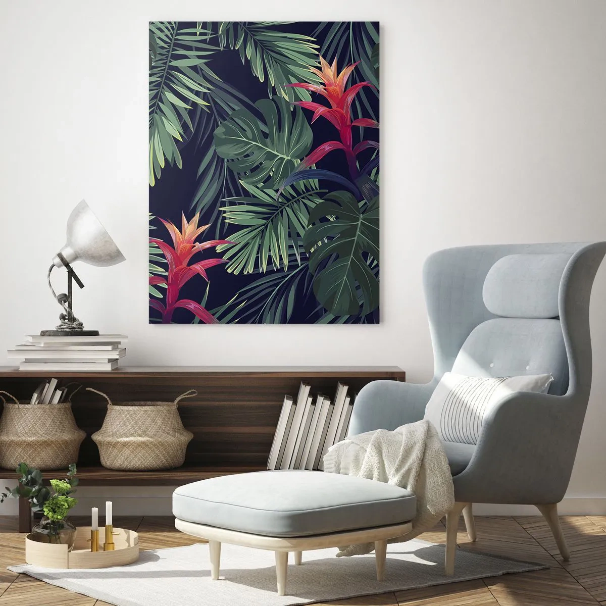 Glasbild - Bild auf glas - Exotische Blätter und Blüten auf dunklem Hintergrund - 50x70cm - Im Grünen in Flammen gehen - Moderne Wanddekoration für Wohnzimmer und Schlafzimmer ARTTOR