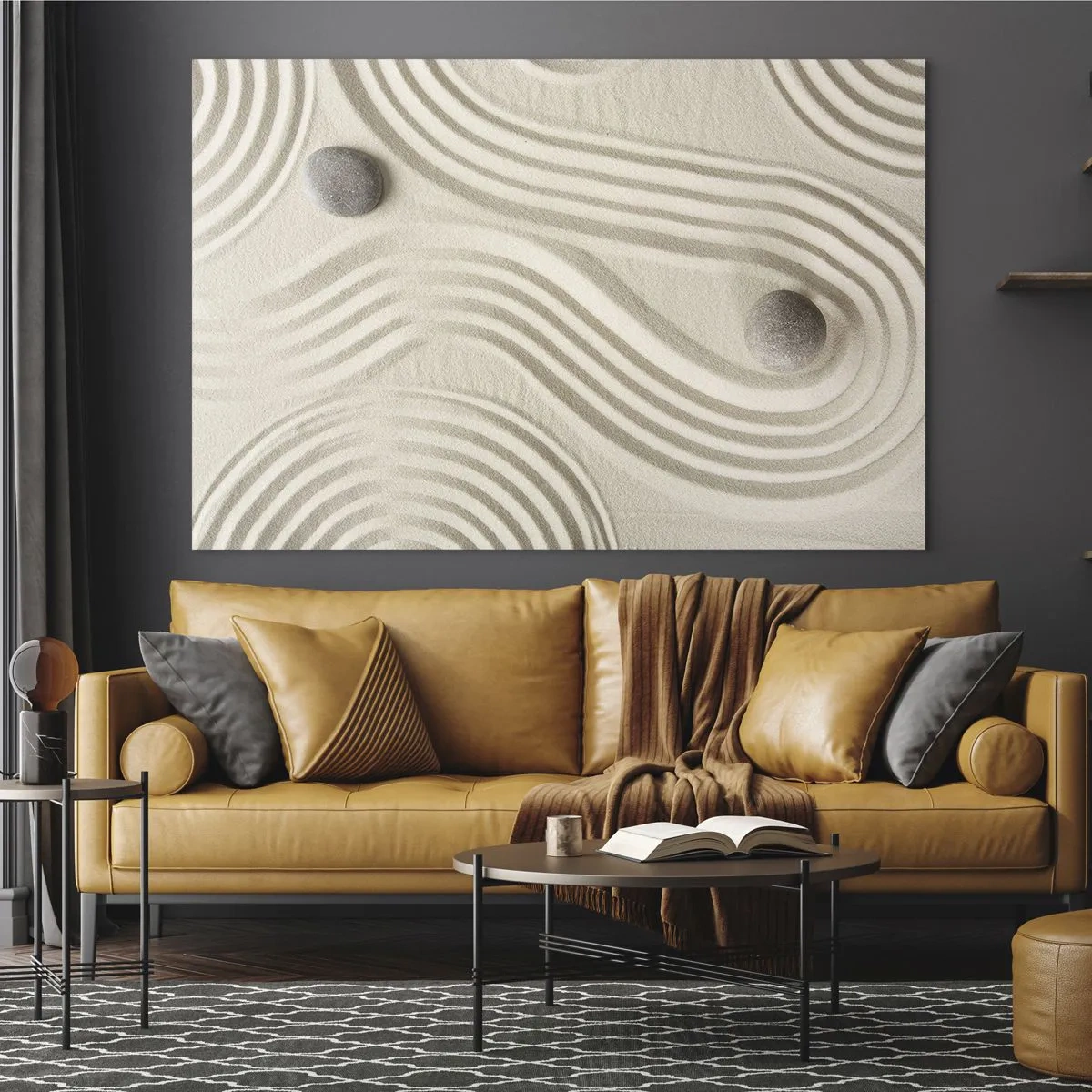 Glasbild - Bild auf glas - Minimalistischer Sand mit Steinen und geometrischen Mustern - 120x80cm - Ein Hauch von Wärme - Moderne Wanddekoration für Wohnzimmer und Schlafzimmer ARTTOR