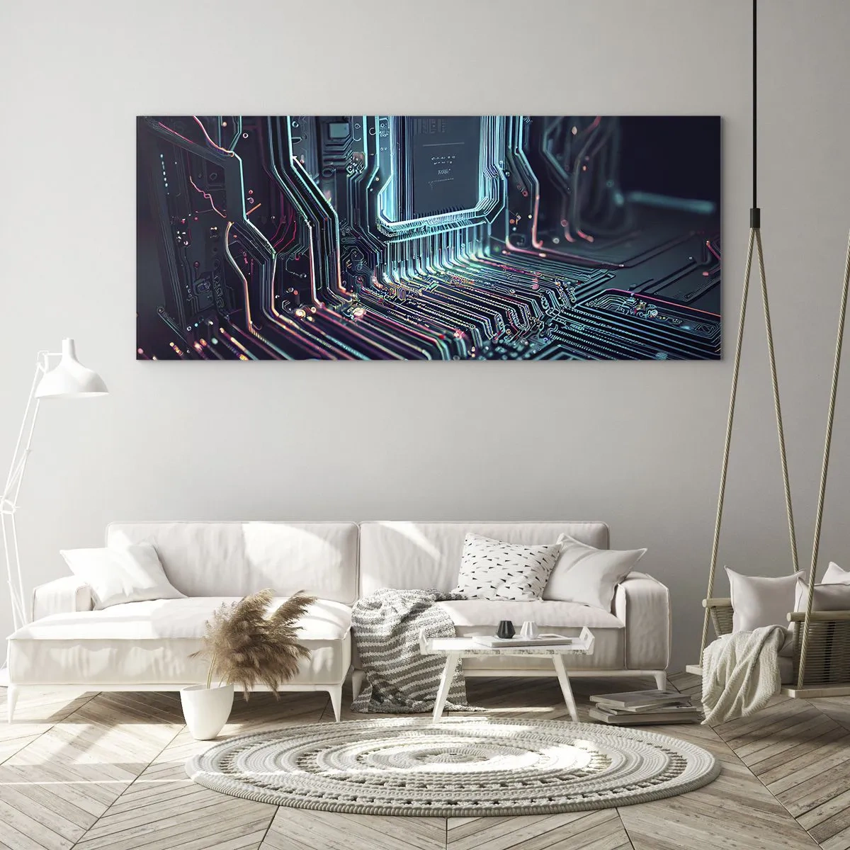 Glasbild - Bild auf glas - Technologische Leiterplatte mit beleuchteten Spuren - 140x50cm - Ich denke nur… - Moderne Wanddekoration für Wohnzimmer und Schlafzimmer ARTTOR