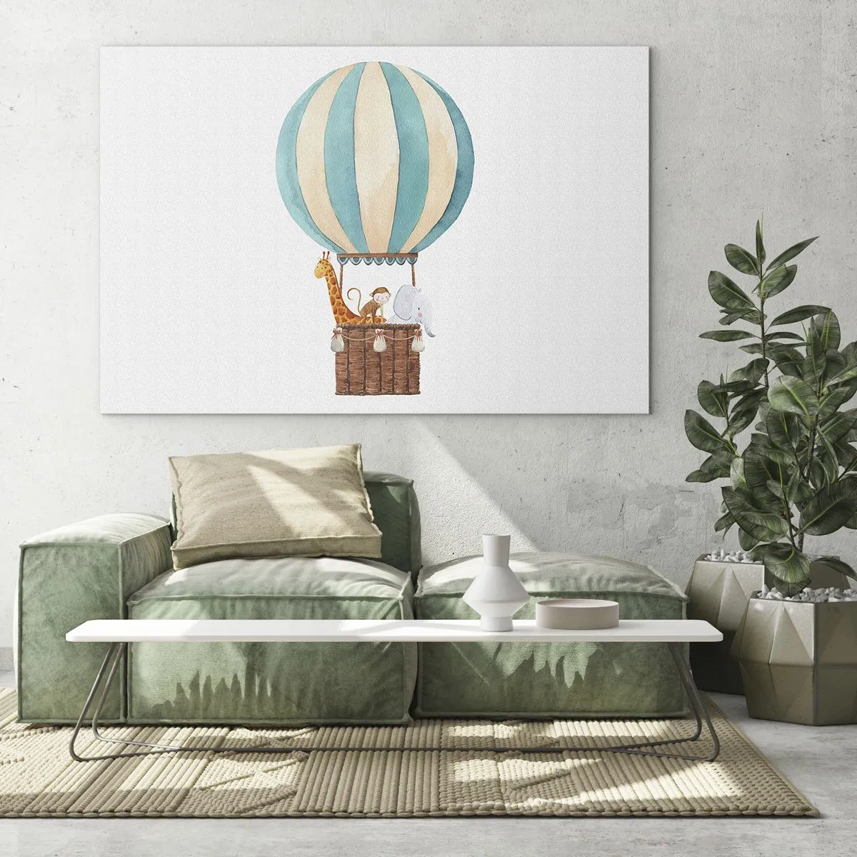 Glasbild - Bild auf glas - Ein Ballon mit einer Giraffe, einem Affen und einem Elefanten auf weißem Hintergrund - 120x80cm - Fantastische Reise - Moderne Wanddekoration für Wohnzimmer und Schlafzimmer ARTTOR