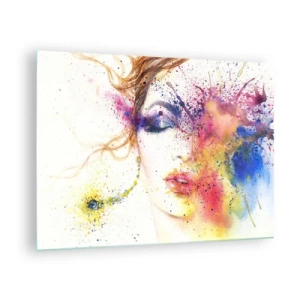 Glasbild - Bild auf glas - Abstraktes Porträt einer Frau mit Regenbogen-Farbspritzern - 70x50cm - Regenbogenschwindel - Moderne Wanddekoration für Wohnzimmer und Schlafzimmer ARTTOR