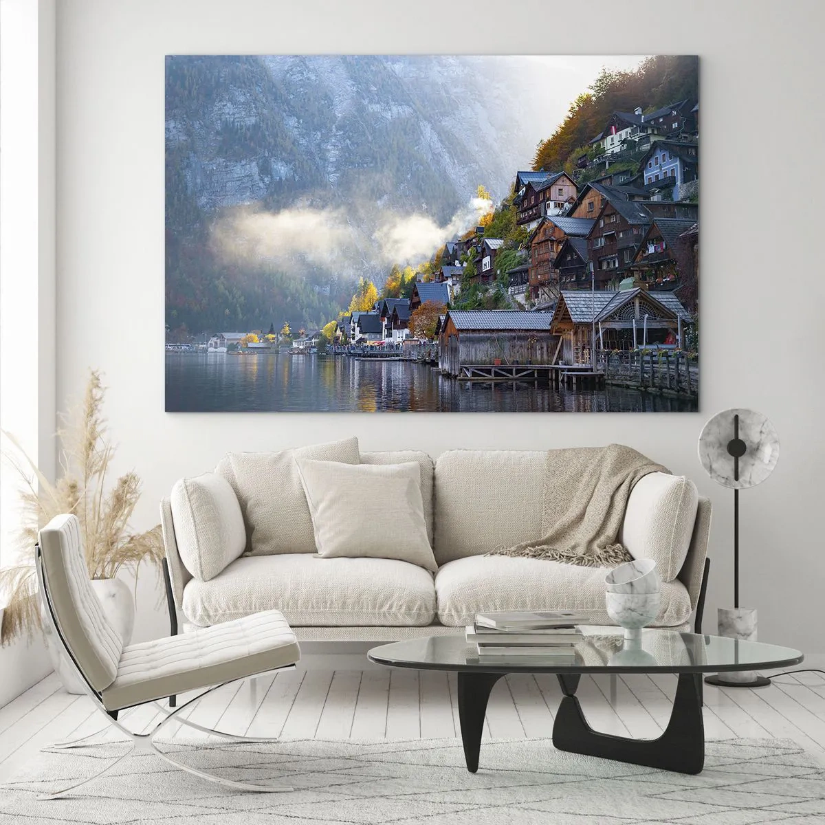 Glasbild - Bild auf glas - Ein Herbstmorgen in einer Bergstadt an einem See - 70x50cm - Alpenatmosphäre - Moderne Wanddekoration für Wohnzimmer und Schlafzimmer ARTTOR