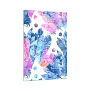 Glasbild - Bild auf glas - Abstraktes Muster mit bunten Federn in Pastelltönen - 70x100cm - Pflaumen in Pink und Blau - Moderne Wanddekoration für Wohnzimmer und Schlafzimmer ARTTOR