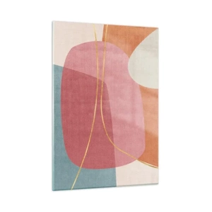 Glasbild - Bild auf glas - Pastellfarbene Formen mit sich kreuzenden goldenen Linien - 50x70cm - Pastellkomposition mit Goldfaden - Moderne Wanddekoration für Wohnzimmer und Schlafzimmer ARTTOR