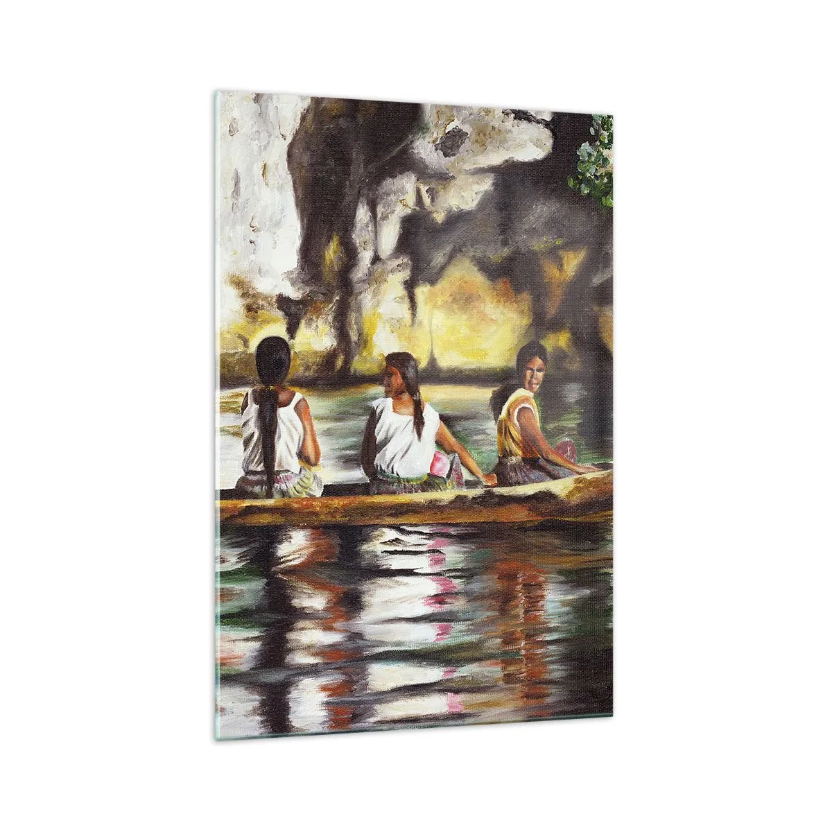 Glasbild - Bild auf glas - Frauen in einem Boot auf einem ruhigen Fluss mit malerischer Kulisse - 70x100cm - In einem polynesischen Paradies - Moderne Wanddekoration für Wohnzimmer und Schlafzimmer ARTTOR