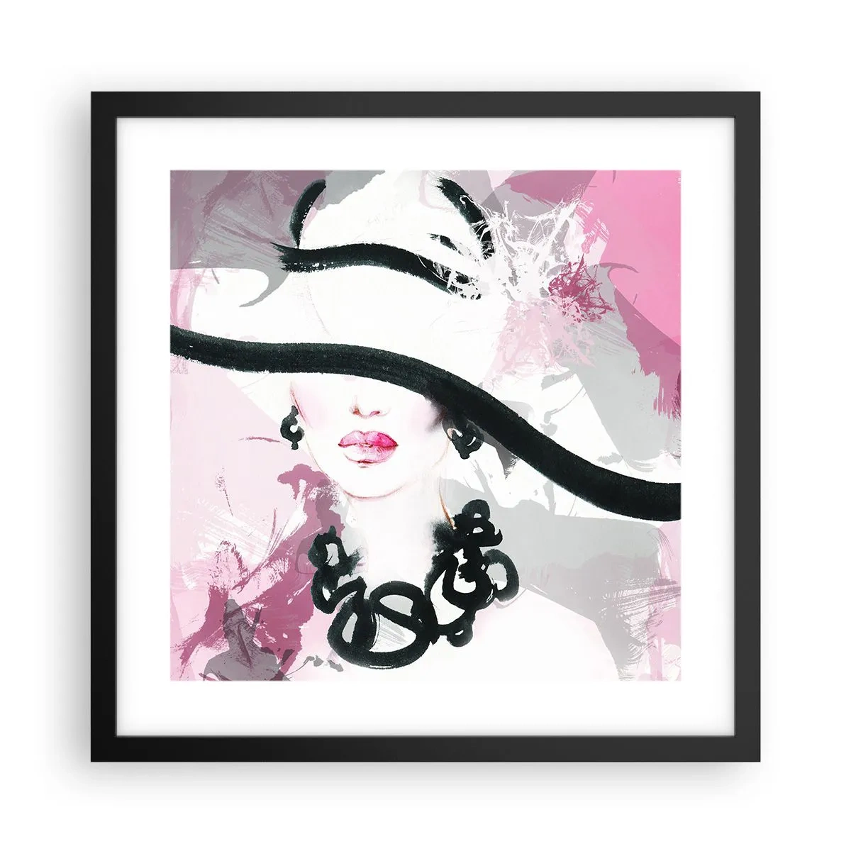 Poster in einem schwarzem Rahmen - Bildnis einer Dame in Schwarz und Pink - 40x40 cm
