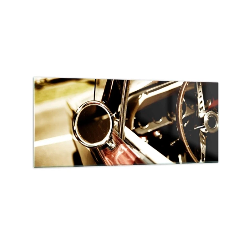 Glasbild - Bild auf glas - Nahaufnahme des Spiegels und des Innenraums eines klassischen Retro-Autos - 120x50cm - Ein Auto mit Seele - Moderne Wanddekoration für Wohnzimmer und Schlafzimmer ARTTOR