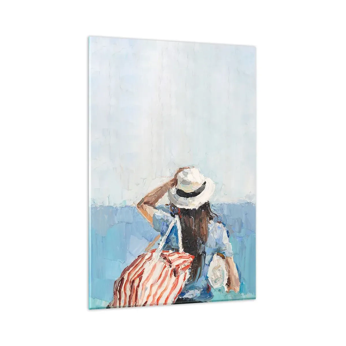 Glasbild - Bild auf glas - Eine Frau mit Hut vor dem blauen Meer - 80x120cm - Willkommen in den Sommerferien - Moderne Wanddekoration für Wohnzimmer und Schlafzimmer ARTTOR