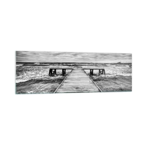 Glasbild - Bild auf glas - Eine Schwarz-Weiß-Ansicht eines Holzstegs über einer stürmischen See. - 160x50cm - Ich warte darauf, dass der Wind wegjagt... - Moderne Wanddekoration für Wohnzimmer und Schlafzimmer ARTTOR