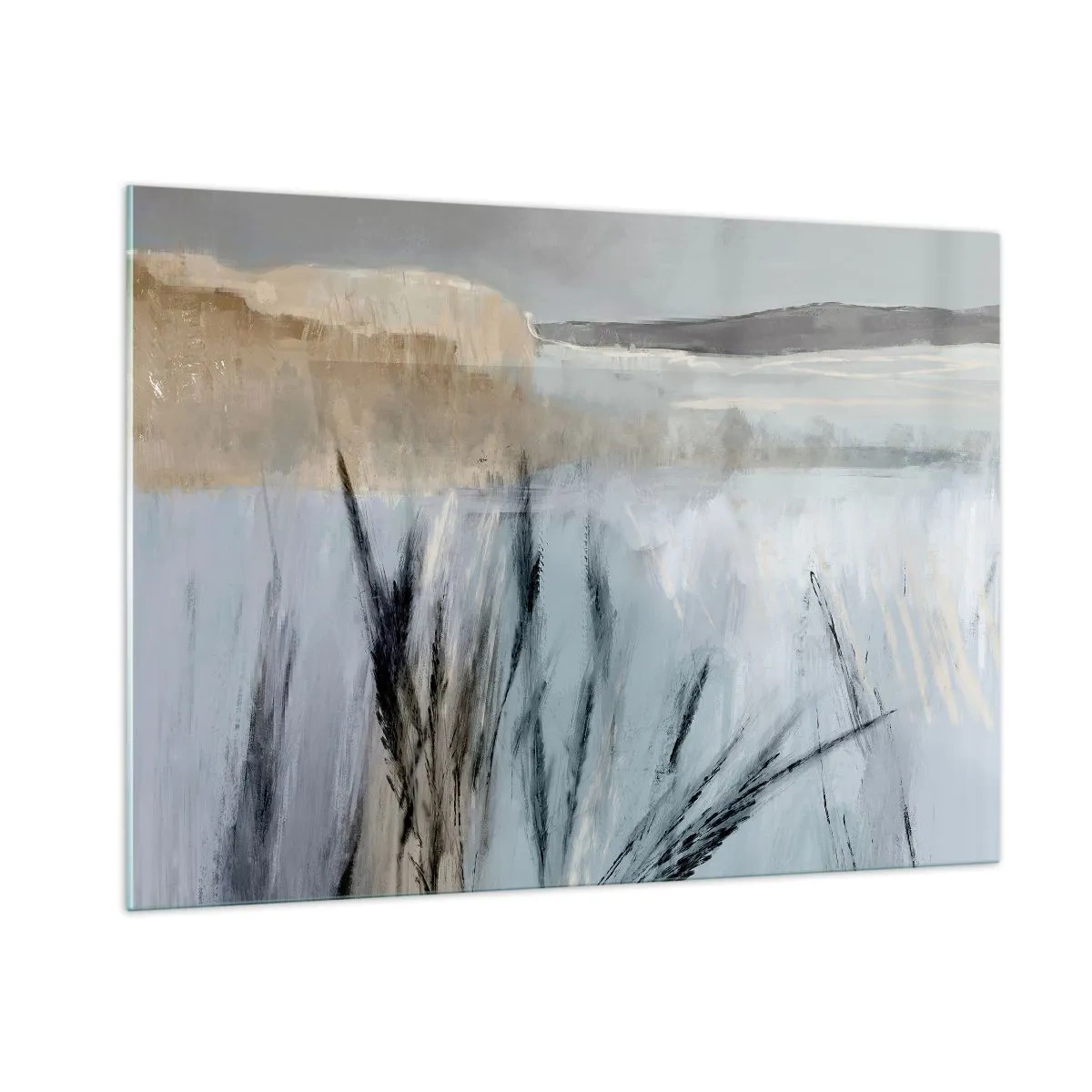 Glasbild - Bild auf glas - Winterlandschaft mit Gräsern vor dem Hintergrund schneebedeckter Felder - 100x70cm - Winterfelder - Moderne Wanddekoration für Wohnzimmer und Schlafzimmer ARTTOR