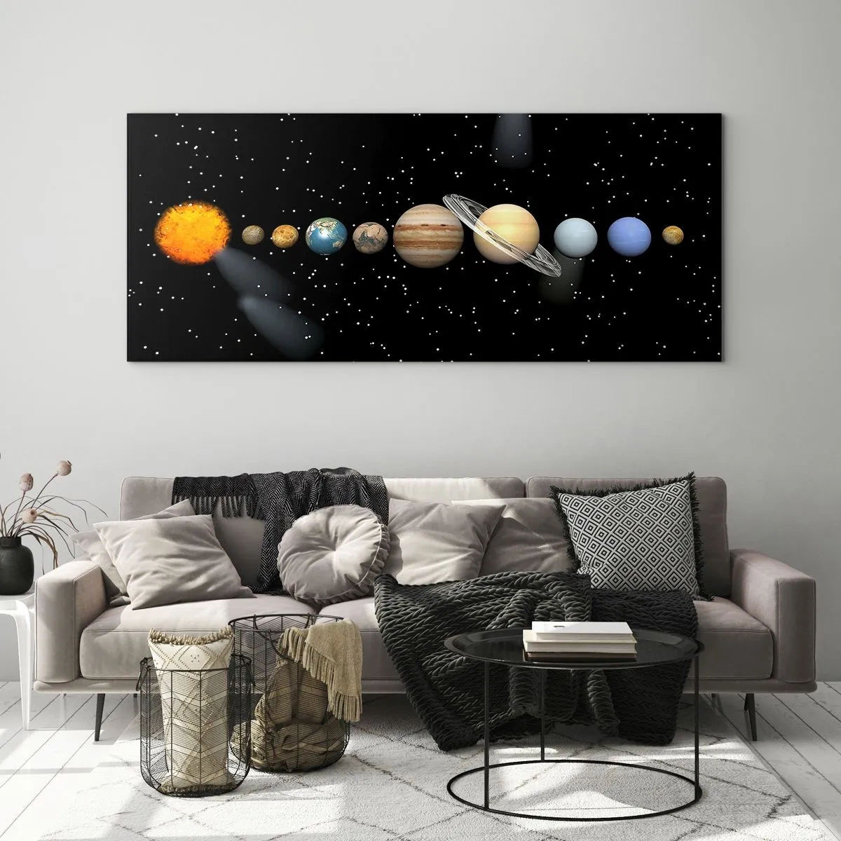 Glasbild - Bild auf glas - Das Sonnensystem mit Planeten vor dem Hintergrund der Sterne im Weltraum - 120x50cm - Und die Planeten werden verrückt und toben ... - Moderne Wanddekoration für Wohnzimmer und Schlafzimmer ARTTOR